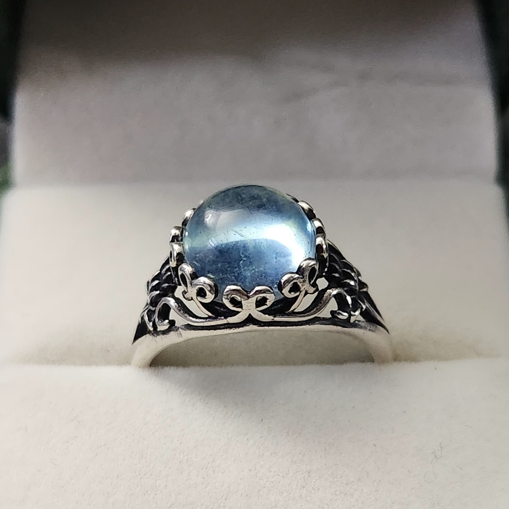 S925 Aquamarine Ring Round Stone Adjustable Band March Pisces ♓️ - Picture 4 of 5